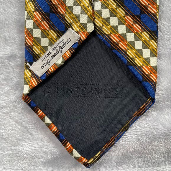 Jhane Barnes Mens Neck Tie 100% Silk Made in Japan Navy Gold Geometric Stripe - Picture 7 of 13